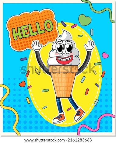 Ice cream with word expression hello comic style illustration