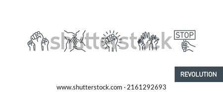 raised up fist in protest no war single line icons set isolated on white. Perfect outline symbol raised up fist revolution riot. freedom power design with editable Stroke. People rights line icons set Royalty-Free Stock Photo #2161292693