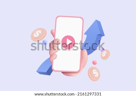 3d social media with live streaming on mobile phone in holding hand. Social media online playing video for make money passive income concept. 3d mobile entertainment vector render illustration