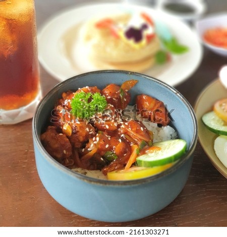 Food photography concept at restaurant. Blurred view. Unfocus food at table.