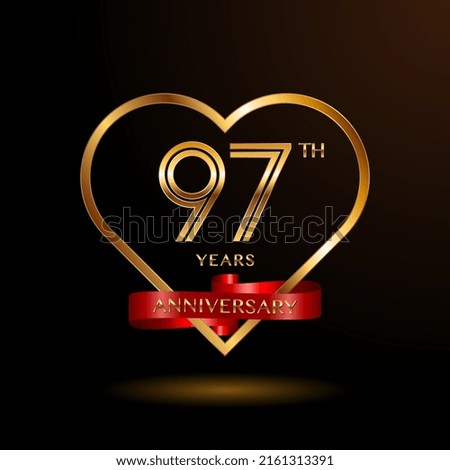97 years anniversary celebration logotype with gold color and ribbon for booklet, leaflet, magazine, brochure poster, banner, web, invitation or greeting card. Vector illustrations.