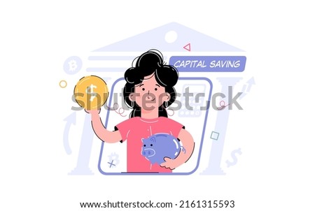 Theme of capital, savings. The girl is holding a piggy bank and a coin. Element for the design of presentations, applications and websites. Trend illustration. Vector illustration