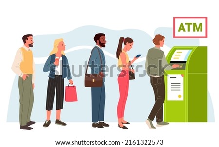 People stand in long queue to ATM, side view vector illustration. Cartoon character waiting with patience to withdraw cash money, woman and man standing isolated on white. Transaction, service concept Royalty-Free Stock Photo #2161322573