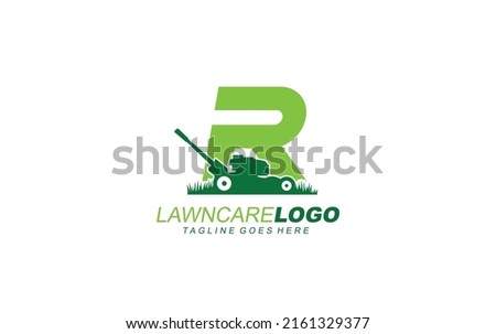 R logo lawncare for branding company. mower template vector illustration for your brand.