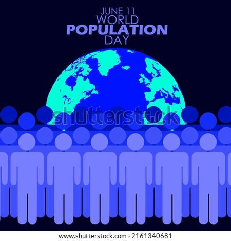 Icon of people standing tightly indicating population density with a globe behind it and bold texts on dark blue background, World Population Day July 11