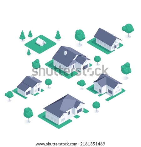 isometric vector illustration isolated on white background, set of private houses, buying or selling real estate