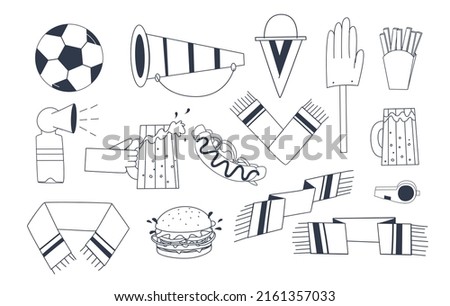 A set of illustrations on a football theme. Attributes of fans at a football match. Flat illustration. Eps10