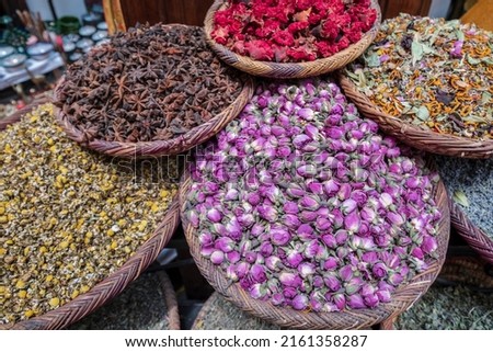 dried flowers for cooking and aromatic decoration, marrakesh, morocco, africa Royalty-Free Stock Photo #2161358287