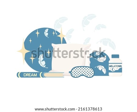 Items for sleeping pillows mask and alarm clock vector illustration on white background