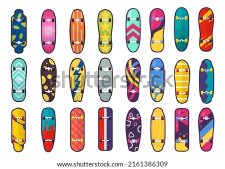 A large vector bundle of skateboards with many shapes and patterns. Skateboarding is a popular extreme sport all over the world. flat vector illustration design