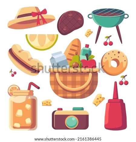 Set of elements for Summer Barbecue picnic delicious meals and snacks for outdoor dining on nature. Set of vector cartoon elements for outdoor recreation