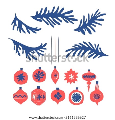 Xmas tree toys ornaments spruce paw paper cutout shapes vector illustration set isolated on white. Matisse inspired Christmas decorations print collection for holiday season decor and card making.
