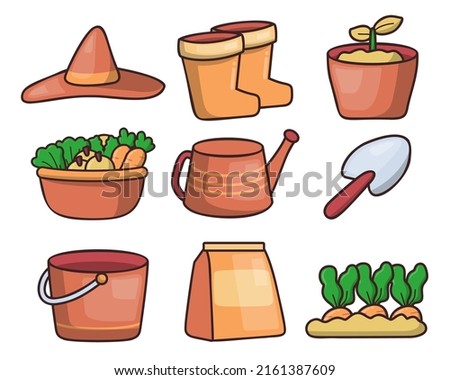 Set of object element with garden or farm equipment, hat, boots, watering can and other in cartoon style isolated on white background