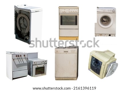 many old electronic devices isolated on white background Royalty-Free Stock Photo #2161396119
