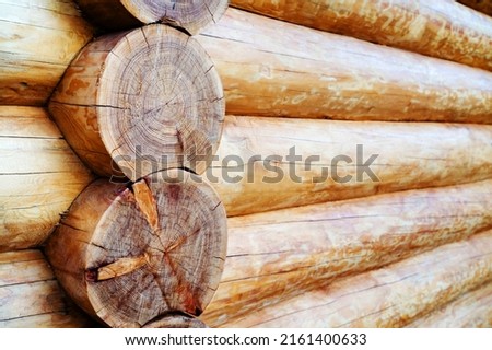 Construction of a log house. Fragment of logs installed according to ancient technologies. Close-up. selective focus Royalty-Free Stock Photo #2161400633
