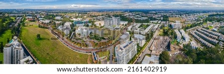 Panoramic Aerial drone view of Norwest Business Park in the suburbs of Norwest and Bella Vista in the Hills Shire, North West Sydney, New South Wales, Australia Royalty-Free Stock Photo #2161402919