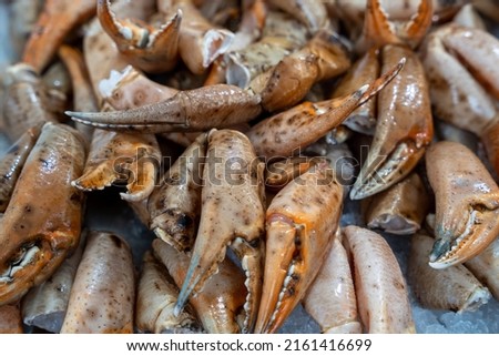 crab claws and other parts of the fish market stacked on top of each other on light ice