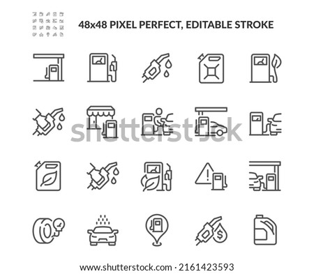Simple Set of Gas Station Related Vector Line Icons. Contains such Icons as Carwash, Self-service filling, Fuel Pump and more. Editable Stroke. 48x48 Pixel Perfect. Royalty-Free Stock Photo #2161423593