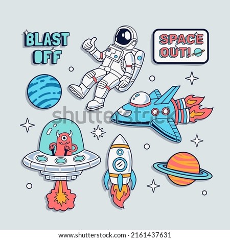 Space badges, stickers. Vector illustrations of peace an astronaut, spaceship, rocket, and planets. Royalty-Free Stock Photo #2161437631