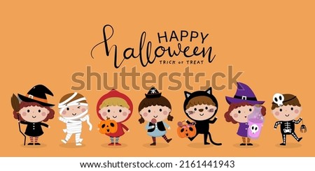 Halloween holidays cartoon character. Cute kids in witch, mummy, pirate, skeleton and black cat costume. Ghost and spooky pumpkin. Vector isolated set Royalty-Free Stock Photo #2161441943