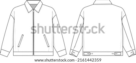 Zip work trucker jacket collared flat technical drawing illustration mock-up template for design and tech packs men or unisex fashion CAD streetwear women workwear utility. Royalty-Free Stock Photo #2161442359