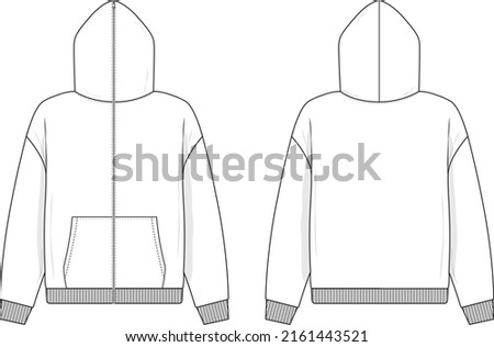 Full zip hoodie sweatshirt flat technical drawing illustration mock-up template for design and tech packs men or unisex fashion CAD streetwear. Royalty-Free Stock Photo #2161443521