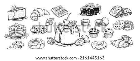 Vector sketch icons illustration set of desserts and bakery products. Vintage style drawing isolated on white background. Royalty-Free Stock Photo #2161445163