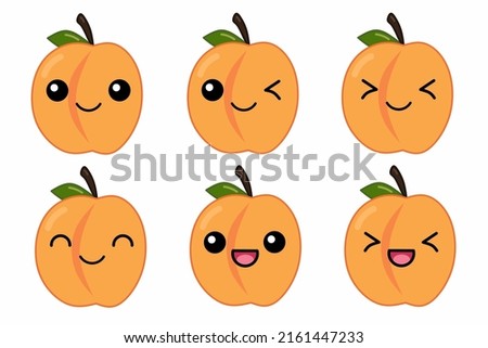 Vector illustration of cute cartoon character apricot cartoon character isolated on white background. Fruit cartoon set with kawai smiling emoji.