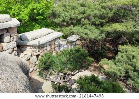 hiking in the mountains. ancient buildings. great wall in Korea. Korean mountains. Bukhansan National park
