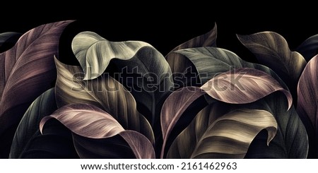 Tropical seamless border. Luxury illustration. Exotic green, beige, brown, pink, golden leaves. Vintage mural, 3d wallpaper, dark watercolour texture, floral background. Modern art, wall, paper, cloth