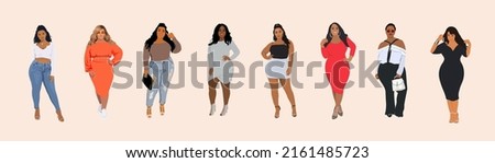 Set of plus size different fashion women. Black beautiful trendy girls wearing street style modern outfit. Cartoon style fashion illustration vector isolated.