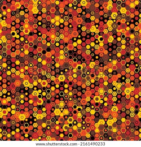 Camouflage seamless pattern with red, orange and black hexagonal geometric alien camo ornament. Abstract future military style background. Template for fabric and fashion print. Vector illustration