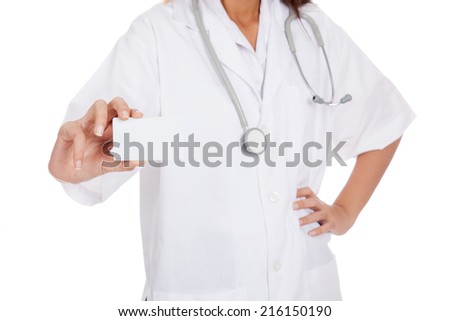 Young Asian female doctor show a blank card  isolated on white background