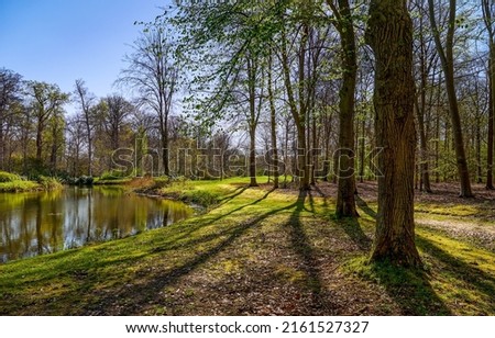 Pond in the spring park. Spring park pond landscape. Park pond in spring. Pond in park Royalty-Free Stock Photo #2161527327