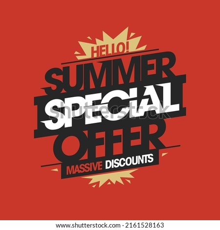 Summer special offer, massive discounts, summer sale vector flyer or poster template with bright red backdrop