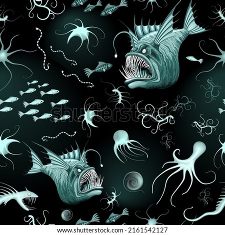 Fish Abyssal Monster and bioluminescent Sea Creatures on Deep Ocean Zone Vector Seamless Textile Patten

 Royalty-Free Stock Photo #2161542127