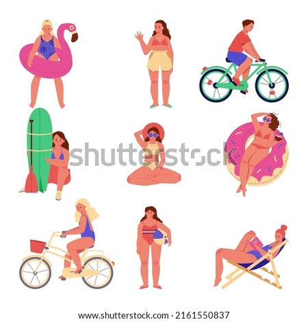 Vector concept of summer beach activity with happy young people. boy and girl riding a bike. girl with a ball. people swim in the pool. girl with SUP board