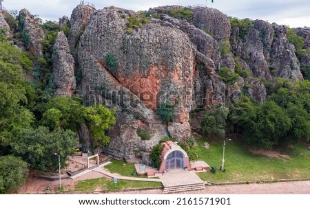 Aerial view of the Cordilleras in Tobati with the Chapel of the Virgin of the Way (Capilla Virgen del Camino) in Paraguay. Royalty-Free Stock Photo #2161571901