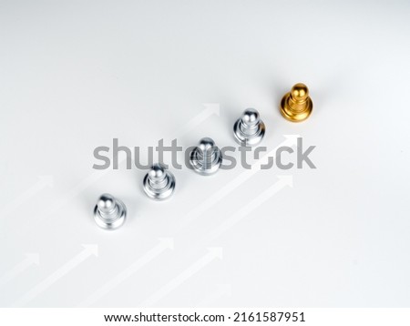White rising moving arrows with the golden pawn chess piece, leading in front of the silver pawn chess pieces, followers on white background. Leadership, Unique, influencer, difference concept. Royalty-Free Stock Photo #2161587951