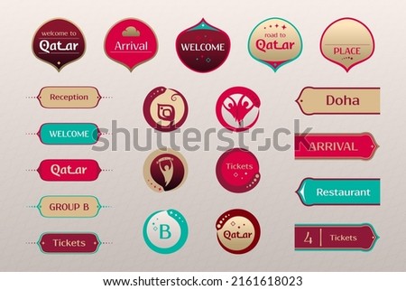 World of Qatar, set of icons, buttons, frames, arrows with traditional and modern graphic elements, 2022 trends, vector illustration