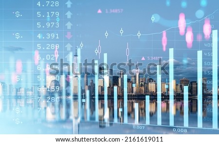 Stock market changes, forex diagrams with bar chart and numbers. Double exposure with New York cityscape, Manhattan. Concept of trading and analysis