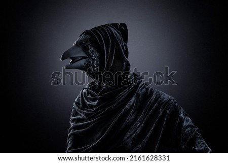 Black bird in hooded cloak at night over dark misty background