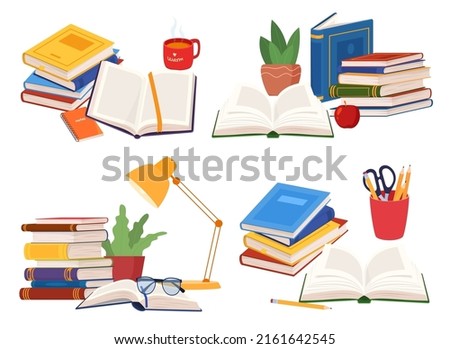 Compositions with books. Columns of books to read. Nabi literature, dictionaries, encyclopedias. Books on the shelves. Vector illustration Royalty-Free Stock Photo #2161642545