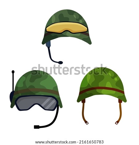 Military helmet of a modern soldier. Green protective cap. Set of Ammunition and uniforms with glasses. Flat cartoon