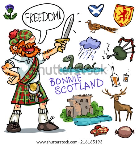 Bonnie Scotland cartoon collection, funny Scottish man with sword Royalty-Free Stock Photo #216165193
