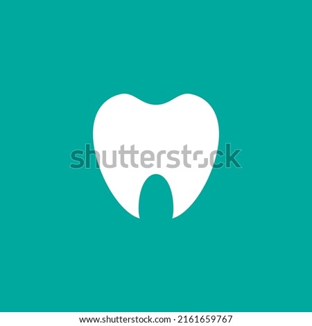 White cute cartoon tooth. Dentist, stomatology clinic logo. Toothpaste sign. Teeth health symbol.  Flat vector icon isolated on blue background. 