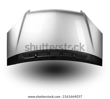 Silver iron hood on an isolated background in a photo studio separately after staining and straightening. Bonnet in a car service for sale. Royalty-Free Stock Photo #2161664037