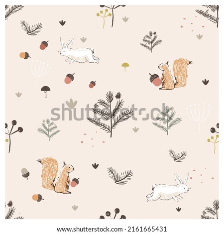 Cute seamless pattern with, squirrel, bunny, acorns, mushrooms and trees. Hand drawn vector illustration.