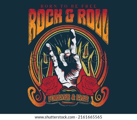 Rock and roll vector print design for t shirt and others. Hand with rose print design for apparel, stickers, posters and background. Fire retro artwork. Royalty-Free Stock Photo #2161665565
