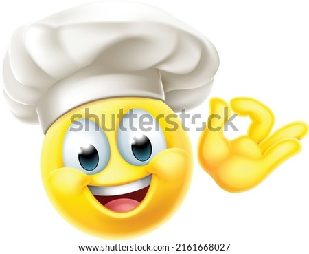 A chef or cook emoticon cartoon face in chefs hat giving a perfect or okay hand gesture icon